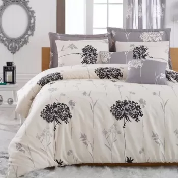 Lenjerie de pat dubla 3 piese, Efil - Beige, Grey, Burete Acasa, 65% bumbac/35% poliester imagine