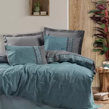 Lenjerie de pat dubla, 4 piese, 200x220 cm, 100% bumbac ranforce, Cotton Box, Erna, albastru petrol imagine