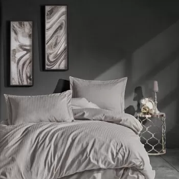 Lenjerie de pat dubla, 4 piese, 200x220 cm, 100% bumbac satinat, Cotton Box, Stripe, bej imagine