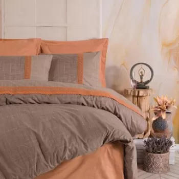 Lenjerie de pat dubla, 6 piese, 200x220 cm, 100% bumbac ranforce, cu detalii brodate, Cotton Box, Hazel, rosu caramiziu imagine