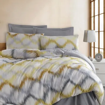 Lenjerie de pat dubla, Beat - Grey, Yellow, Acasa EnLora, 65% bumbac/35% poliester imagine