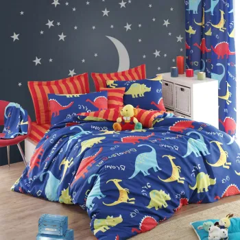 Lenjerie de pat dubla (DE), 3 piese, L'essentiel Maison, Dinazorus, 65% bumbac/35% poliester, Albastru / Rosu / Galben imagine