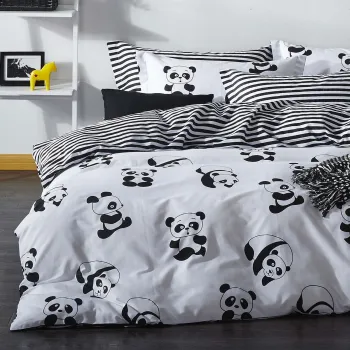 Lenjerie de pat dubla (DE), 3 piese, L'essentiel Maison, Panda, 65% bumbac/35% poliester, Alb/Negru imagine