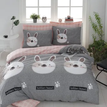 Lenjerie de pat dubla (DE), 3 piese, L'essentiel Maison, Tavsancik, 65% bumbac/35% poliester, Gri / Maro / Alb / Roz imagine