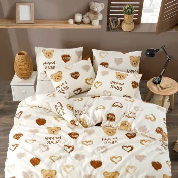 Lenjerie de pat dubla (DE), 3 piese, L'essentiel Maison, Teddy Bear Heart, Mustar / Alb / Gri / Roz imagine