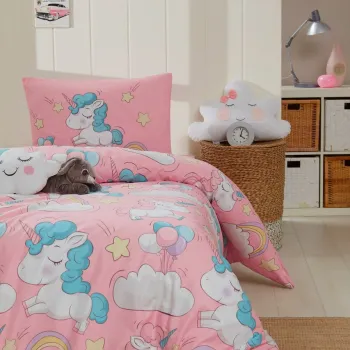 Lenjerie de pat dubla (DE), 3 piese, L'essentiel Maison, Unicornio, Bumbac;Poliester, Roz imagine