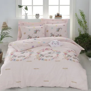 Lenjerie de pat dubla (DE), 3 piese, L'essentiel Maison, Unicornlar, 65% bumbac/35% poliester, Roz / Bej imagine
