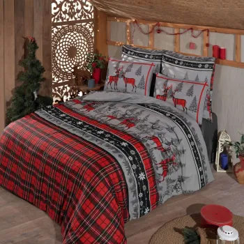 Lenjerie de pat dubla (EU) (IT), 3 piese, L'essentiel Maison, Christmas, Rosu / Gri / Negru imagine