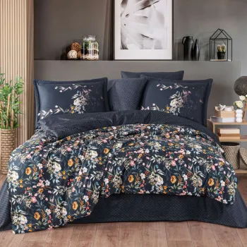 Lenjerie de pat dubla Exclusive Satin 6 piese, L'essentiel Maison, Alessia, Albastru inchis / Portocaliu / Roz / Crem / Verde imagine