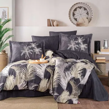 Lenjerie de pat dubla Exclusive Satin 6 piese, L'essentiel Maison, Angelina, Antracit / Bej / Crem imagine