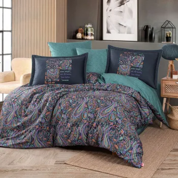 Lenjerie de pat dubla Exclusive Satin 6 piese, L'essentiel Maison, Clementina, Verde / Mov / Portocaliu / Albastru inchis imagine