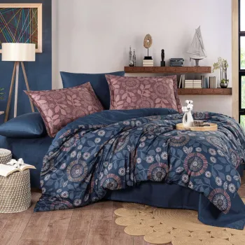 Lenjerie de pat dubla Exclusive Satin 6 piese, L'essentiel Maison, Fiorella, Albastru inchis / Maro imagine