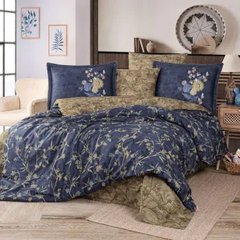 Lenjerie de pat dubla Exclusive Satin 6 piese, L'essentiel Maison, Jessica, Albastru inchis / Kaki imagine