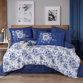 Lenjerie de pat dubla Exclusive Satin 6 piese, L'essentiel Maison, Sancha, Albastru inchis/Alb imagine