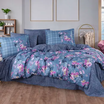 Lenjerie de pat dubla Exclusive Satin 6 piese, L'essentiel Maison, Victoria, Albastru/Roz imagine