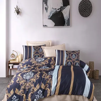 Lenjerie de pat dubla King (EU) (ES), 3 piese, L'essentiel Maison, 487, Albastru inchis / Auriu / Alb imagine