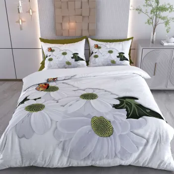 Lenjerie de pat dubla King (FR), 3 piese, L'essentiel Maison, Daisy, Bumbac;Poliester, Alb/Verde imagine