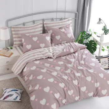 Lenjerie de pat dubla King (FR), 3 piese, L'essentiel Maison, Herz, Trandafir praf / Alb imagine