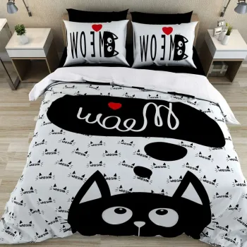Lenjerie de pat dubla King (FR), 3 piese, L'essentiel Maison, Meow, Bumbac;Poliester, Multicolor imagine
