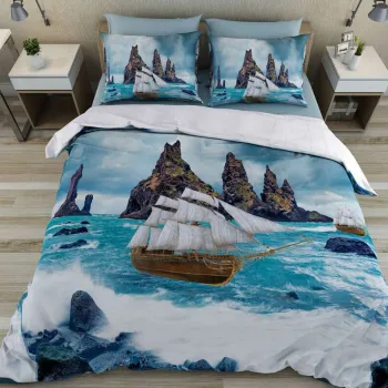 Lenjerie de pat dubla King (FR), 3 piese, L'essentiel Maison, Ocean, Bumbac;Poliester, Albastru / Alb / Albastru inchis imagine