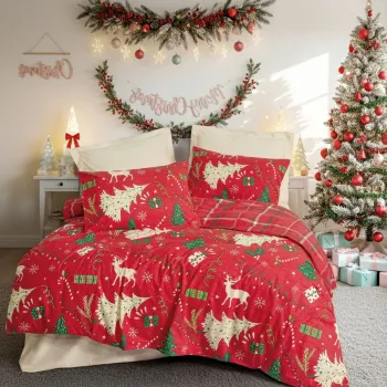 Lenjerie de pat dubla King (FR), L'essentiel Maison, Joyful, Rosu / Alb-galbui / Verde / Verde deschis imagine