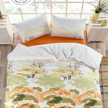 Lenjerie de pat dubla King (FR), L'essentiel Maison, Spring, Alb / Portocaliu / Verde imagine