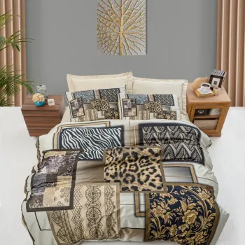 Lenjerie de pat dubla King (IT), 3 piese, L'essentiel Maison, 474, Maro / Crem / Bej / Negru imagine