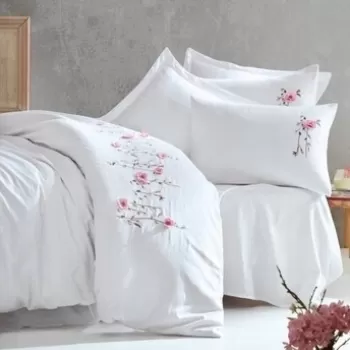 Lenjerie de pat dubla King Size, Cotton Box, Perla White, 6 piese, 240x260 cm, bumbac satinat, alb cu broderie imagine