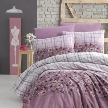 Lenjerie de pat dubla King Size, Victoria, Alvina Rose, 4 piese, 100% bumbac ranforce, roz/alb imagine