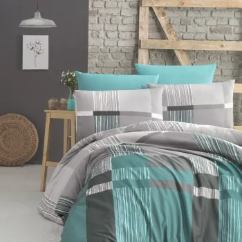 Lenjerie de pat dubla King Size, Victoria, Estela Turquoise, 4 piese, 100% bumbac ranforce, turcoaz imagine