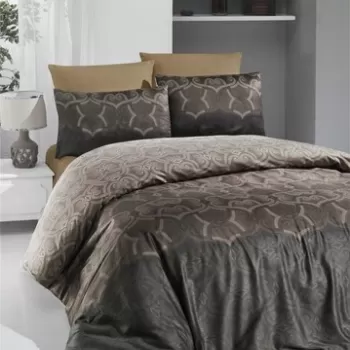 Lenjerie de pat dubla King Size, Victoria, Pandora Brown, 6 piese, 100% bumbac satinat, tesatura Jacquard, maro imagine