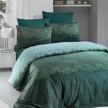 Lenjerie de pat dubla King Size, Victoria, Pandora Green, 6 piese, 100% bumbac satinat, tesatura Jacquard, verde imagine
