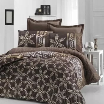 Lenjerie de pat dubla King Size, Victoria, Urban, 6 piese, 100% bumbac satinat, tesatura Jacquard, maro imagine