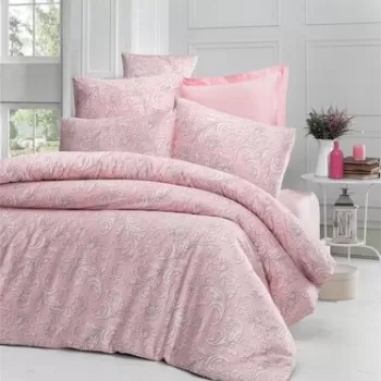 Lenjerie de pat dubla King Size, Victoria, Verano Powder, 6 piese, 100% bumbac satinat, tesatura Jacquard, roz pudra imagine
