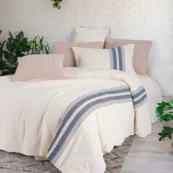 Lenjerie de pat dubla, L'essentiel Maison, Bononni, Crem / Albastru marin imagine