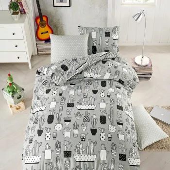 Lenjerie de pat dubla, L'essentiel Maison, Cactus Fitted, Gri / Negru / Alb imagine