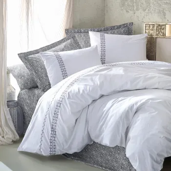 Lenjerie de pat dubla, L'essentiel Maison, Paola, Bumbac, Gri/Alb imagine