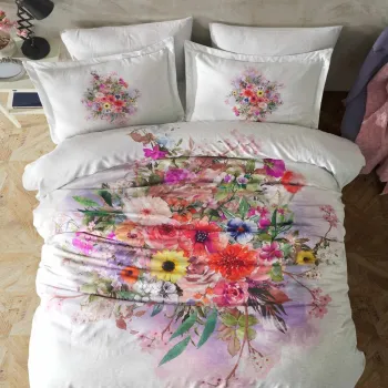 Lenjerie de pat dubla, L'essentiel Maison, Posy, Alb / Roz / Verde imagine