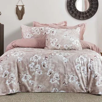 Lenjerie de pat dubla, L'essentiel Maison, Romantica, SATIN DE BUMBAC, Pudra / Alb / Maro imagine
