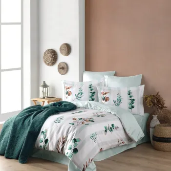 Lenjerie de pat dubla, L'essentiel Maison, Vicanze, Bumbac Satinat, Verde/Alb imagine