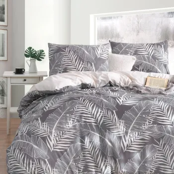 Lenjerie de pat dubla, Palm - Grey, EnLora Home, 65% bumbac/35% poliester imagine