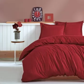 Lenjerie de pat dubla Premium, 4 piese, 200x220 cm, 100% bumbac satinat, Cotton Box, Stripe, rosu claret imagine