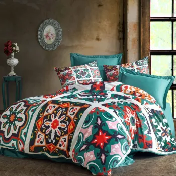 Lenjerie de pat dubla Super King (EU) (IT), 3 piese, L'essentiel Maison, 477, Verde / Alb / Rosu / Roz / Maro imagine