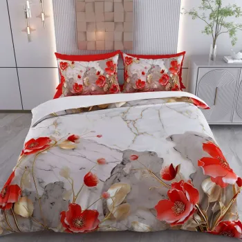 Lenjerie de pat dubla Super King (EU) (IT), 3 piese, L'essentiel Maison, Mihen, Bumbac;Poliester, Rosu / Gri / Auriu / Alb imagine