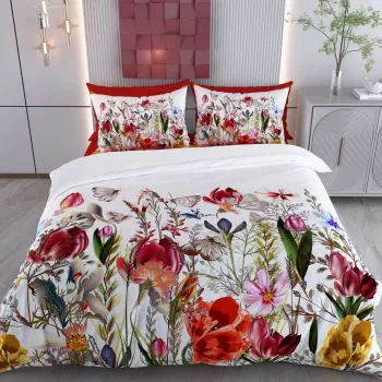 Lenjerie de pat dubla Super King (EU) (IT), 3 piese, L'essentiel Maison, Samira, Bumbac;Poliester, Alb / Maro / Rosu / Verde / Roz imagine