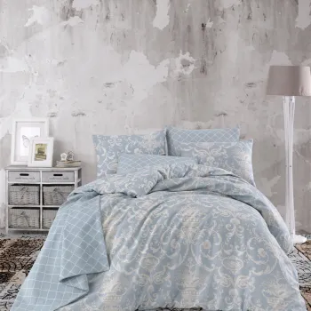 Lenjerie de pat dubla Super King (EU) (IT), 3 piese, L'essentiel Maison, Tuval, 65% bumbac/35% poliester, Albastru / Crem imagine