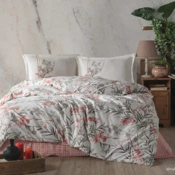 Lenjerie de pat dubla Super King (EU) (IT), L'essentiel Maison, Aprila v1, Bumbac Ranforce, Alb / Verde / Portocaliu imagine