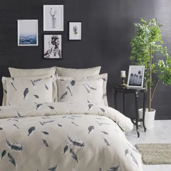 Lenjerie de pat dubla Super King (EU) (IT), L'essentiel Maison, Feather, Crem / Gri imagine