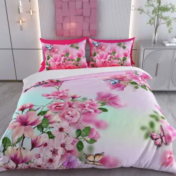 Lenjerie de pat dubla Super King (FR), 3 piese, L'essentiel Maison, Begona, Bumbac;Poliester, Alb / Roz / Verde imagine