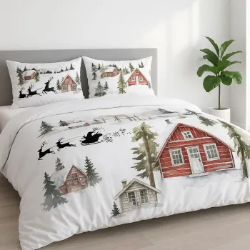 Lenjerie de pat dubla Super King (FR), 3 piese, L'essentiel Maison, Chalet, Bumbac;Poliester, Alb / Rosu / Verde / Maro imagine